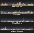 Vector illustration of Amsterdam, Brussels, Stockholm and Copenhagen abstract skylines icons with bright night city lights