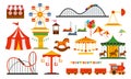 Vector illustration amusement park elements on white background. Family rest in rides park with colorful ferris wheel Royalty Free Stock Photo