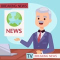 Vector Illustration anchorman breaking news and tv screen layout pofessional interview people in TV studio newsreader