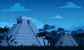 Vector illustration of ancient Mayan pyramids in night time with tropical plants, jungle and sky background in flat