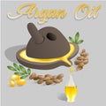 Vector illustration Ancient millstone with Argan oil flowing in a glass bottle near argan fruits and argan nuts with