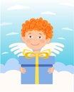 Angel on a cloud holding a gift box. Vector character in a flat style. Royalty Free Stock Photo