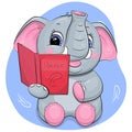 Cute cartoon gray elephant reads a red book. Royalty Free Stock Photo