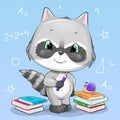 Cute cartoon raccoon with a pencil and books. Royalty Free Stock Photo