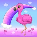 Cute cartoon pink flamingo and rainbow.