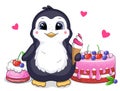 Cute cartoon penguin with ice cream and cakes. Royalty Free Stock Photo