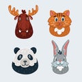 Vector illustration of animal faces set. Moose, panda, hare, cat. Royalty Free Stock Photo