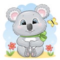 Cute cartoon koala with green bow and flowers.