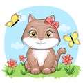 Cute cartoon cat with butterflies and flowers.