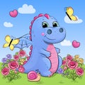 Cute cartoon blue dragon in a rose garden.