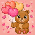Cute cartoon brown bear holding heart shaped balloons. Royalty Free Stock Photo