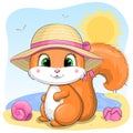 Cute cartoon squirrel in a hat is sitting on the sea beach.