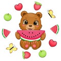 Cute cartoon brown bear with a watermelon in a fruit frame. Royalty Free Stock Photo