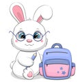 Cute cartoon school backpack and white rabbit in glasses with a pencil.