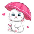 Cute cartoon white rabbit with a pink umbrella and hearts.