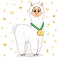 Cute cartoon white llama with a gold medal. Royalty Free Stock Photo