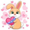 Cute cartoon rabbit holding a heart with blue ribbon.