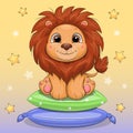 Cute cartoon lion sitting on pillows.