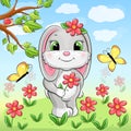 Cute cartoon gray rabbit in nature. Royalty Free Stock Photo