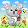 Cute cartoon koala holding a flower pot with a red flower. Royalty Free Stock Photo