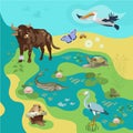 Vector Illustration of animals on background of river. Pelicans flying in the sky, heron, water buffalo Royalty Free Stock Photo