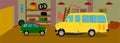 The animated background of the garage, in the garage for the repair of school bus and SUV Royalty Free Stock Photo