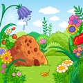 Vector illustration with an anthill and plants.