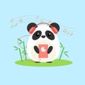 Vector illustration of anthropomorphic panda who listens to music from device.