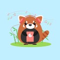 Vector illustration of anthropomorphic red panda who listens to music from device.