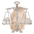 Vector illustration antique ornate balance scales with a heart and a brain on cups