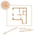 Vector illustration with apartment plan, compass, pencil, cactus. Architecture project