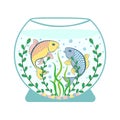 Vector illustration of an aquarium emblem with fish and plants, two fish as a sign of the zodiac, plants and bubbles in