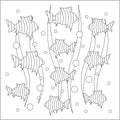 Vector illustration of aquarium and sea fish in black and white for coloring