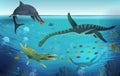 Vector illustration of aquatic dinosaurs ichthyosaurs, plesiosaurs - extinct marine reptiles of the Mesozoic.Sea background with Royalty Free Stock Photo