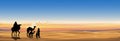 Vector illustration Arab family with camel walking in desert sands with sunset in evening,Panoramic Landscape Scenery of sun over