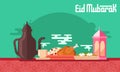 Eid Mubarak greeting card in flat style vector illustration with arabic coffee pot and cup, kabsa, shakshuka and lantern.