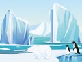Vector illustration arctic landscape with polar bear and penguins, iceberg and mountains. Cold climate winter background