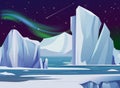 Vector illustration arctic night landscape with, iceberg and mountains. Cold climate winter background polar lights and Royalty Free Stock Photo