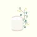 Vector illustration of aroma candle in glass jar with silver dollar eucalyptus branch on pastel pink background. Wellness spa
