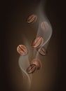 Vector illustration of aromatic coffee beans in hot steam close-up on background Royalty Free Stock Photo