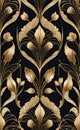 Vector illustration, art deco golden seamless floral pattern on black background with shades, Royalty Free Stock Photo