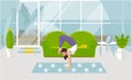 Vector illustration of an Asana at the handstand in yoga. Beautiful young woman doing strength exercises at home in a