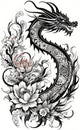 Vector illustration, Asian (Chinese) dragon tattoo template, Asian patterns and ornaments, Royalty Free Stock Photo