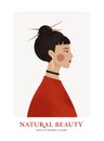 Vector illustration - asian woman. Young beautiful woman portrait with hairstyle. Modern feminine geisha with red clothes. People Royalty Free Stock Photo