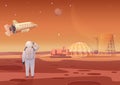 Vector illustration of astronaut standing at Mars colony and looking at flying spaceship.