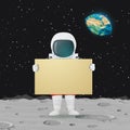 Astronaut standing on the moon surface holding big sign. Outer space, Earth and stars in the background Royalty Free Stock Photo