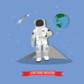 Vector illustration of astronaut walking on the Moon surface. Royalty Free Stock Photo