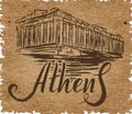 Vector illustration, Athens label with hand drawn Acropolis of Athens, lettering Athens Royalty Free Stock Photo