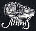 Vector illustration, Athens label with hand drawn Acropolis of Athens, lettering Athens