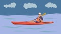 Vector illustration of an athlete. Cartoon flat man kayaking on the sea waves